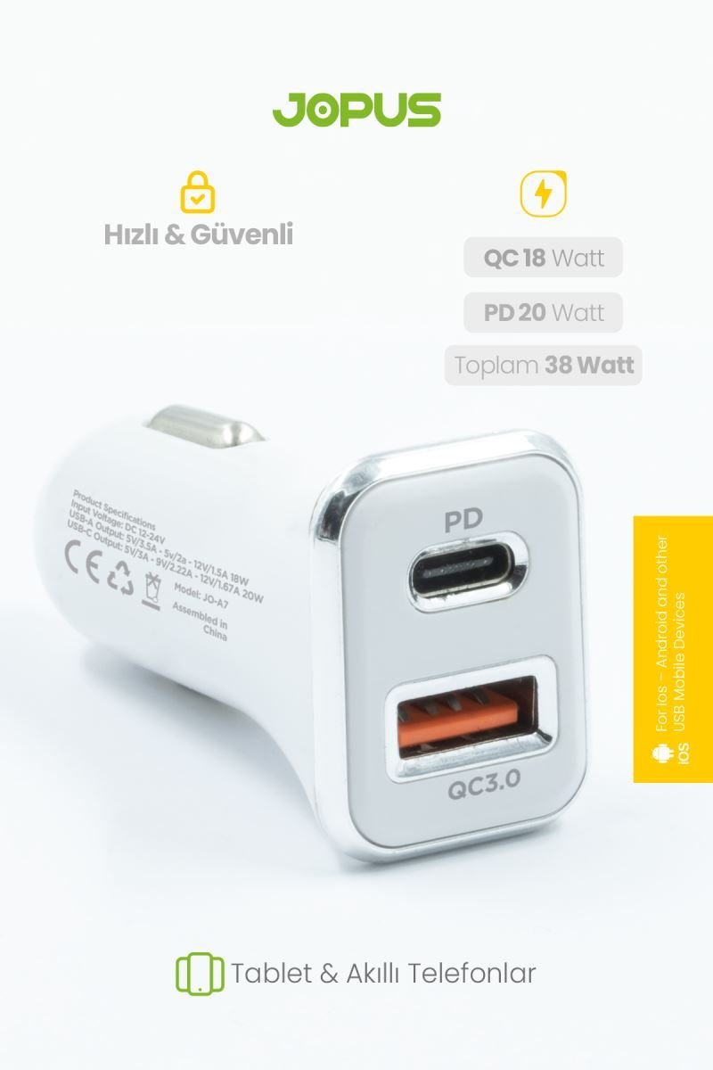 057317_4.jpg Jopus Universal Type C JO-A7 Troff PD 3.0 20W USB / PD Araç Sarji - Görsel 1