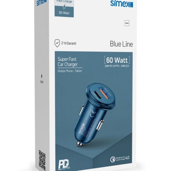 Simex SM-30 Blue Line USB/PD Baslik Metal 60W Araç Sarji