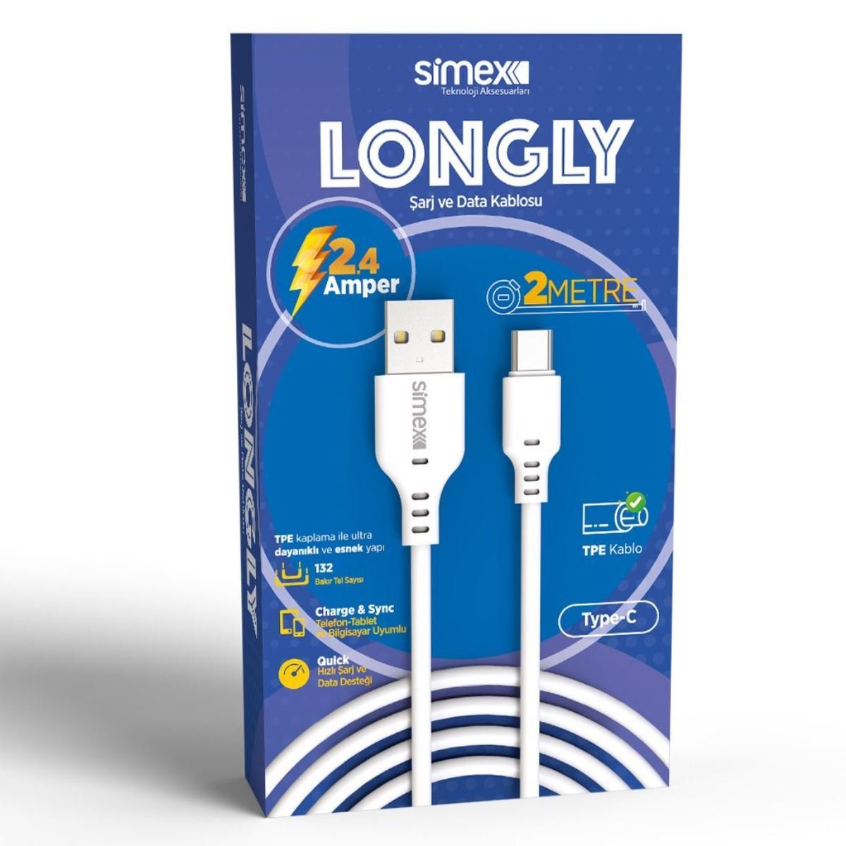 43921_1.jpg Simex Type C SPK-08 2mt Longly Data Kablosu - Görsel 1